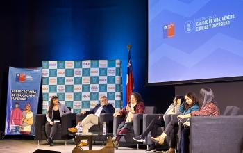 Panelistas en el escenario del auditorio FAE. Al fondo se ve un pendón de la Subsecretaría de Educación Superior y otro de la Vicerrectoría de Calidad de Vida, Género, Equidad y Diversidad
