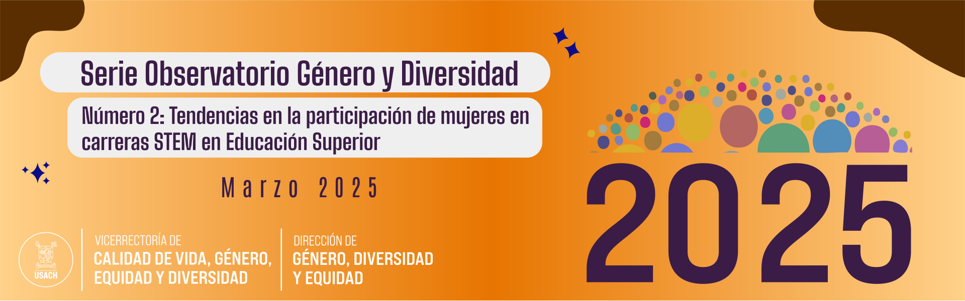 Banner naranjo con esquinas superiores de color café oscuro. Al centro un texto que dice Serie Observatorio Género y Diversidad, Número 2 Tendencias de la participación de mujeres en carreras STEM en Educación Superior. Al costado inferior derecho aparecen círculos de diversos colores y tamaños sobre un número 2025 en morado