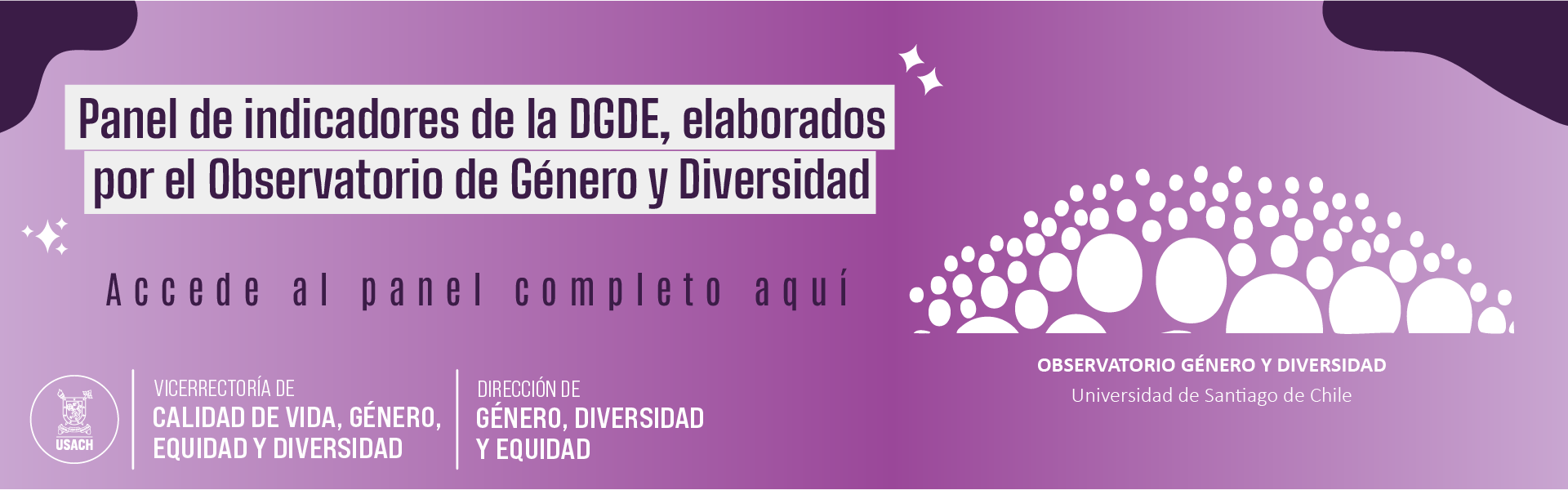 banner con fondo morado y texto que dice Panel de Indicadores de la DGDE Elaborados por el Observatorio de Género, Equidad y Diversidad