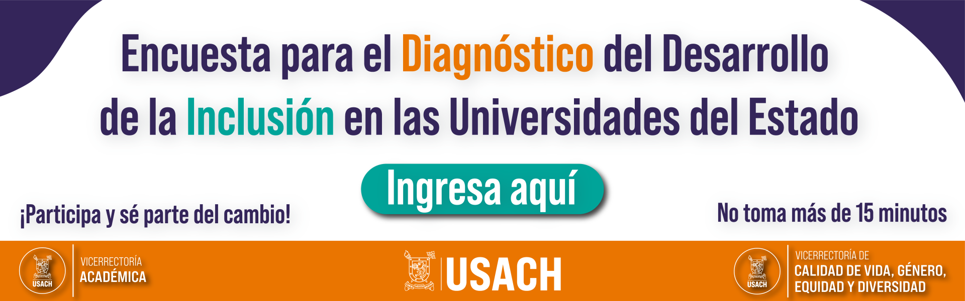 Banner con fondo blanco y extremos superiores grises. Abajo en una franja amarilla aparecen los logos de la Vicerrectoría Académica y la Vicerrectoría de Calidad de Vida, Género, Equidad y Diversidad. Al centro está el nombre de la Encuesta y un botón de Ingresa Aquí