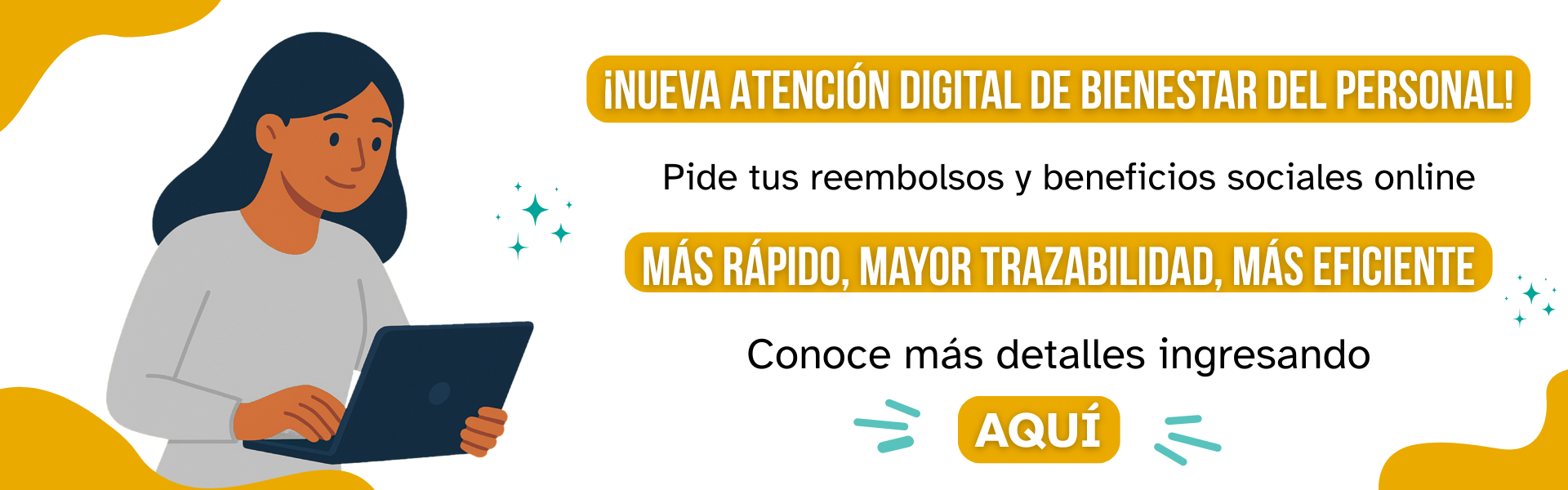 Persona con computador al costado izquierdo y a su derecha un texto que invita a ingresar a la página informativa de Bienestar Digital