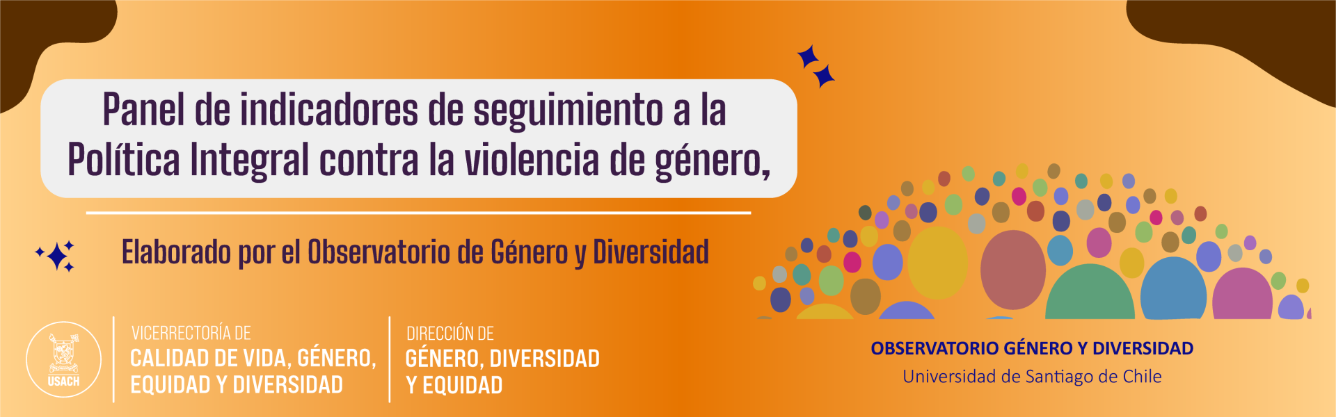 banner con fondo naranjo y texto que dice Panel de Indicadores de la DGDE Elaborados por el Observatorio de Género, Equidad y Diversidad