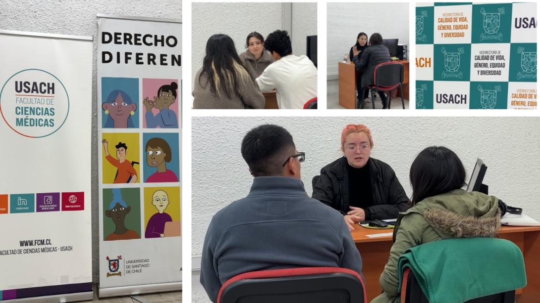 Mosaico con imágenes. A la izquierda aparecen pendones de la Facultad de Ciencias Médicas y del Departamento de Inclusión y Derecho a la Diferencia. Abajo y arriba al centro aparecen módulos de atención y en la esquina superior derecha un panel de Vicaviged.